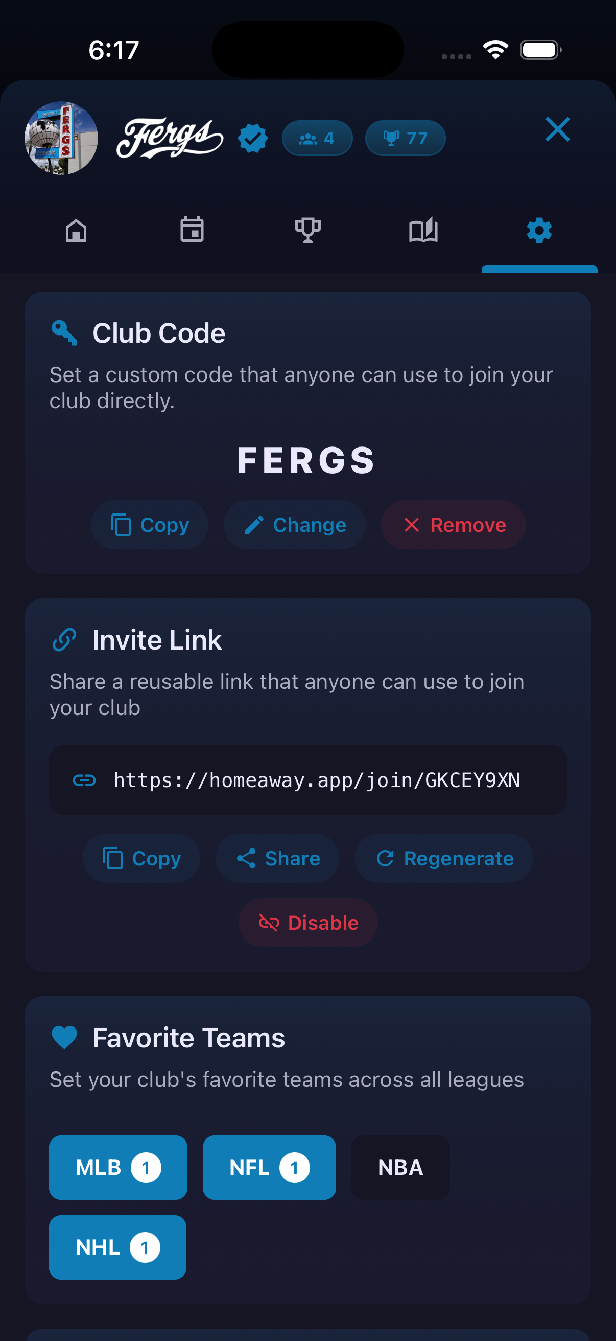 Club Code & Invite Link